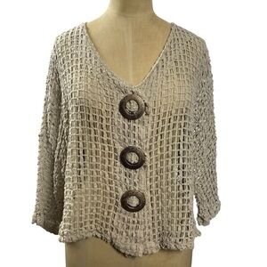 Coastal Grandma Artsy Open Weave Boho Neutral Cardigan M/L Quirky 90s Tan Knit